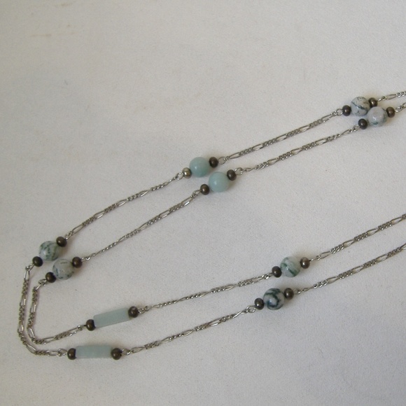 Green Stone Beaded Silver Metal Chain Necklace New - Picture 5 of 7